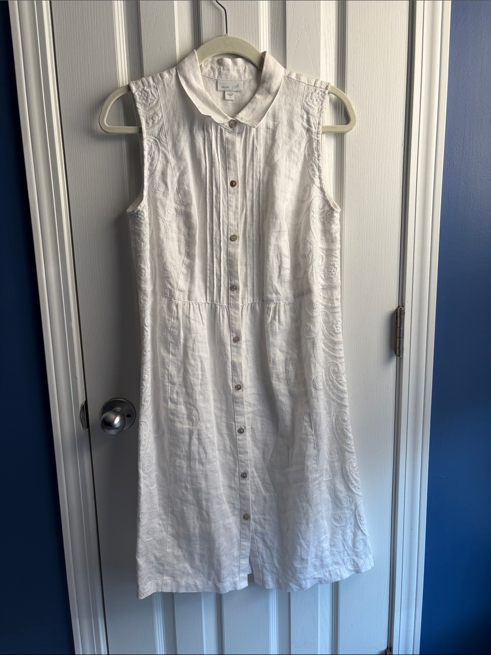 J.Jill Love Linen Embroidered Floral Paisley Sleeveless Shirt Dress M White